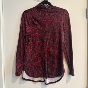 Chico's Top Red Mock Neck Back Zip High-Low Hem Floral Long Sleeve Sz 0 / Small